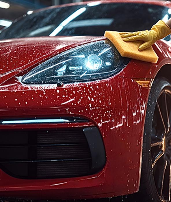 person cleaning a car with soap and water in a car wash shining vehicle stains removal two cleaners