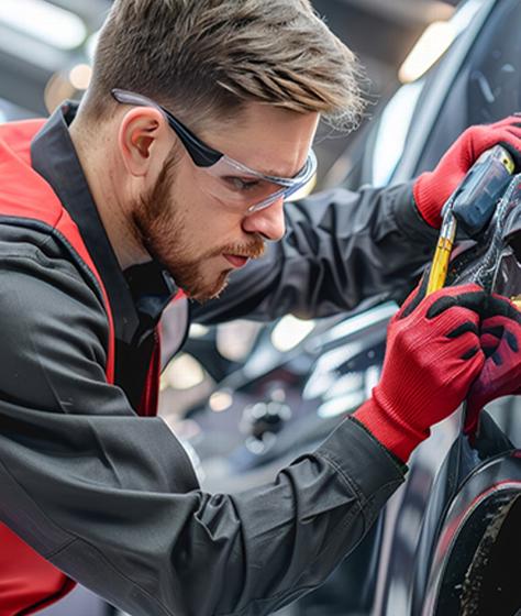 man wearing protective gear working on car in auto repair shop using tools for vehicle maintenance and repair steps for service 2 tools 2 repairs
