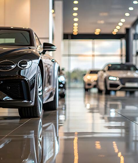 modern car showroom showcasing three luxury vehicles with polished floors and bright lighting